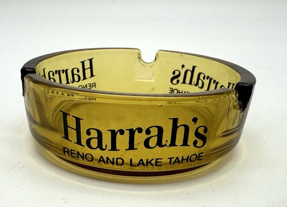 VTG Harrah’s Club Reno & Lake Tahoe Amber Glass Ashtray Orange Print 3 1/2"